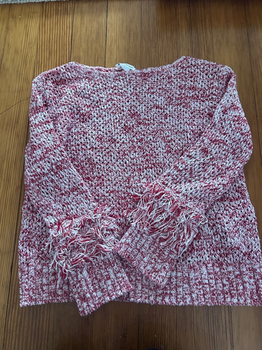 Club Monaco Red & White Marled Fringe Cuff Sweater